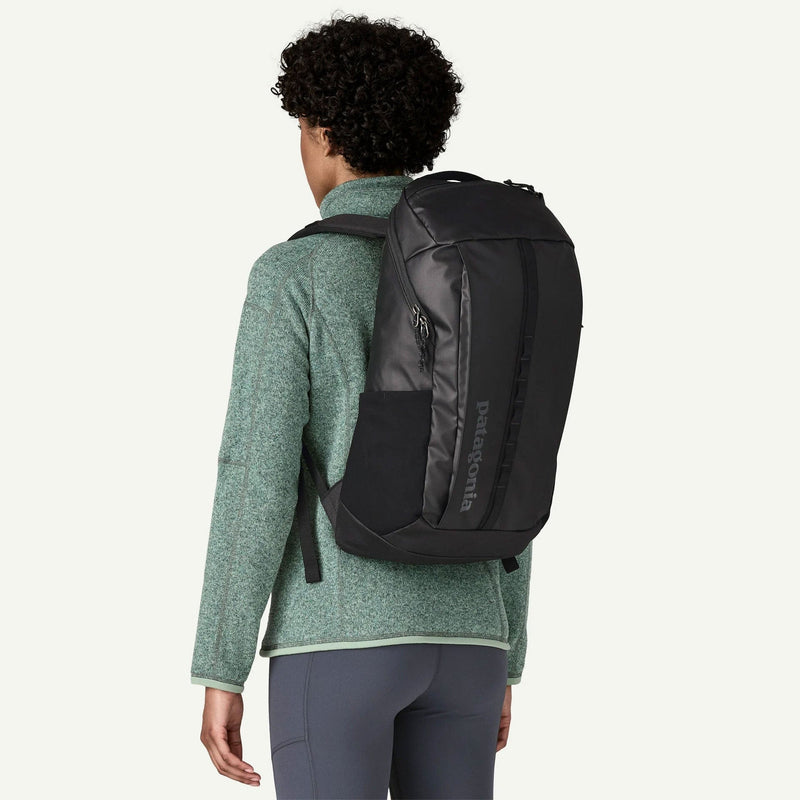 Load image into Gallery viewer, Person wearing a black backpack with Patagonia branding on a white background
