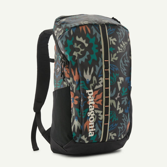 Backpack with a colorful pattern and Patagonia branding on a white background