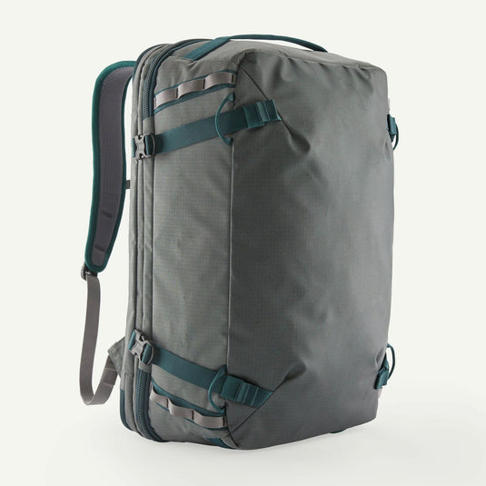 Gray backpack with green straps on a white background
