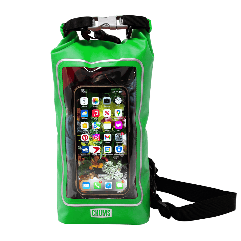 Load image into Gallery viewer, A bright green waterproof phone pouch with a clear front window showing an iPhone inside, featuring a black strap and a silver buckle on a white background.
