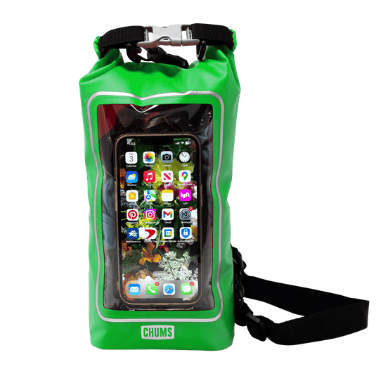 A bright green waterproof phone pouch with a clear front window showing an iPhone inside, featuring a black strap and a silver buckle on a white background.