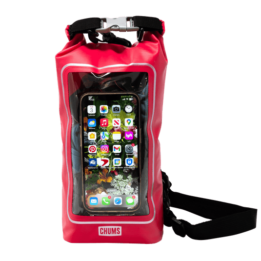 Red waterproof phone case with a smartphone displaying app icons on a white background