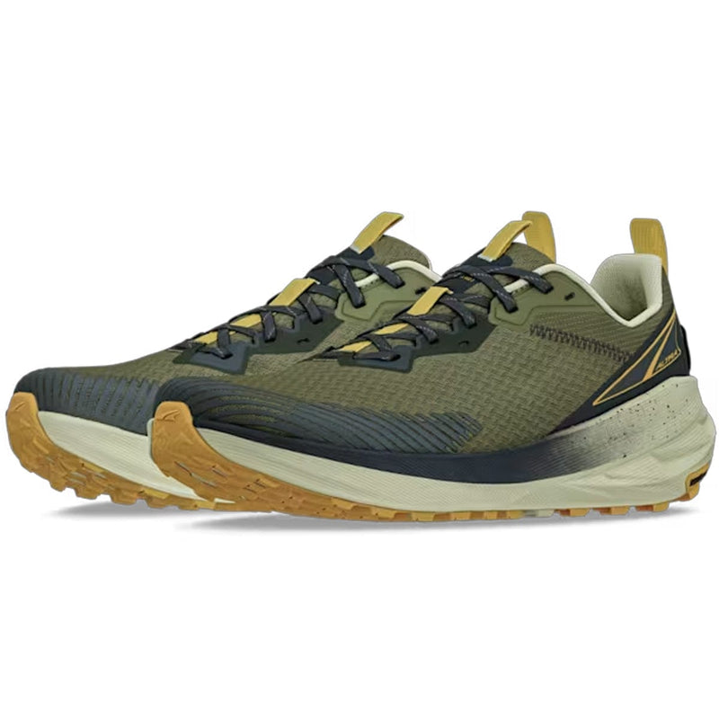 Load image into Gallery viewer, Green and brown running shoe on a white background

