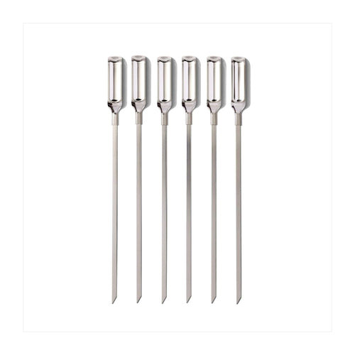 Set of five metal skewers on a white background