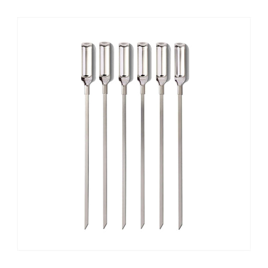 Set of five metal skewers on a white background