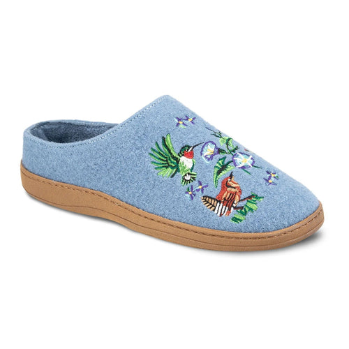 Blue slipper with embroidered design on a white background