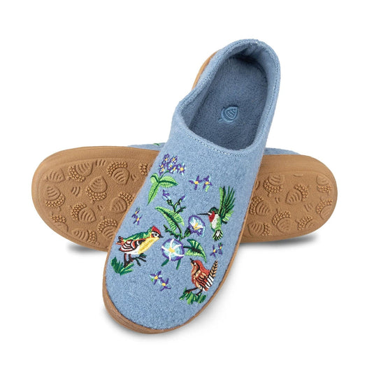 Blue slippers with bird and floral embroidery on a white background