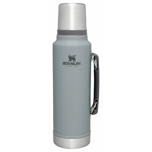 Gray Stanley thermos bottle on a white background
