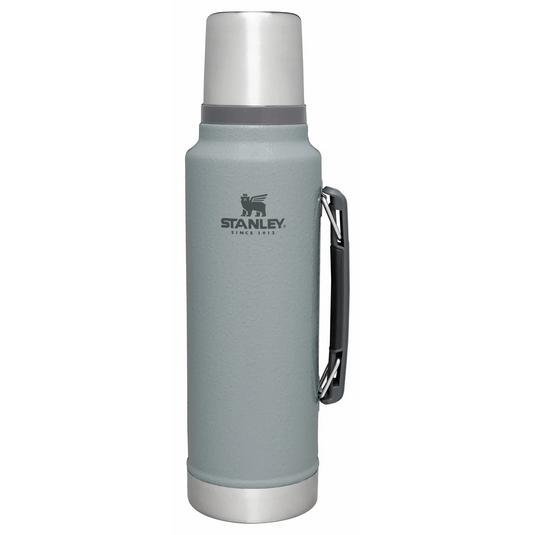 Gray Stanley thermos bottle on a white background
