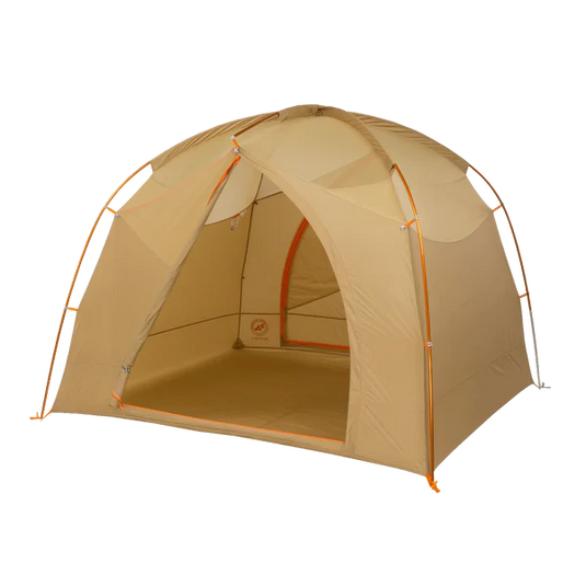 Beige camping tent with orange accents on a white background