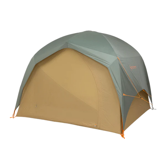 Two-toned camping tent with green and beige colors on a white background