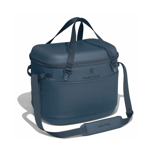 Blue cooler bag with Hydro Flask logo on a white background
