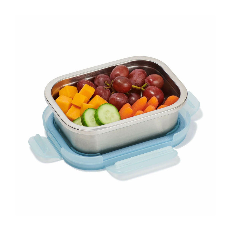 Load image into Gallery viewer, Stainless steel lunch box with fruits and vegetables on a white background
