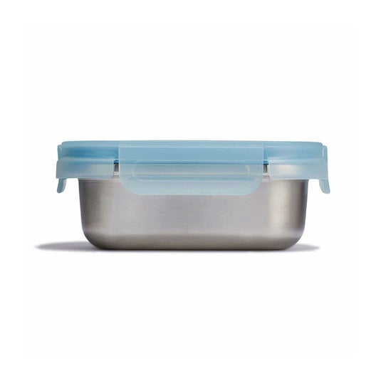 Stainless steel container with a blue lid on a white background