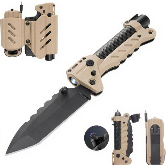 Tactical knife with multiple views on a white background