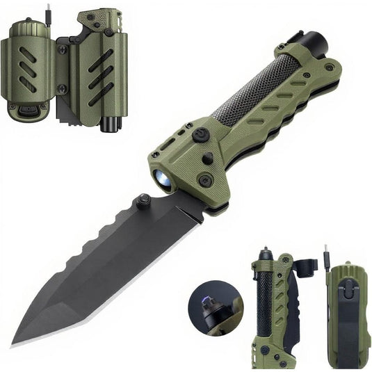 Green tactical knife with sheath on a white background