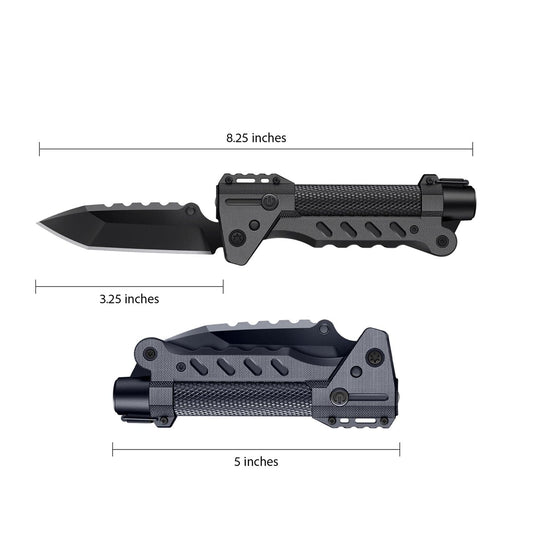 Black folding knife with measurements on a white background