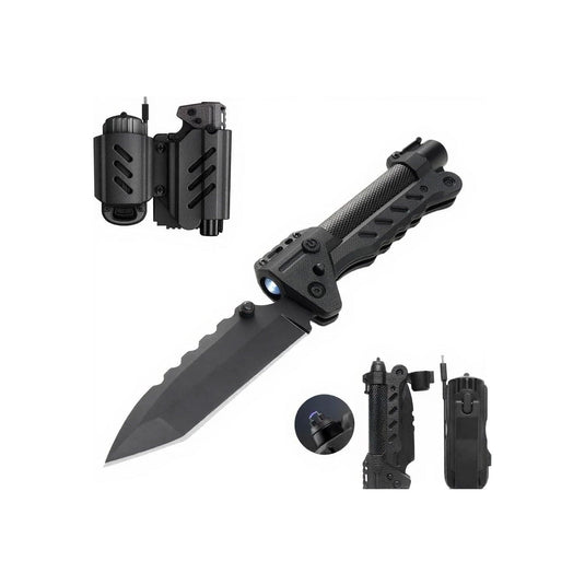 Black tactical knife set with sheath and additional components on a white background
