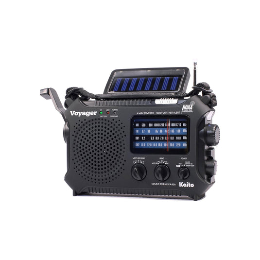 Voyager emergency radio with solar panel on a white background