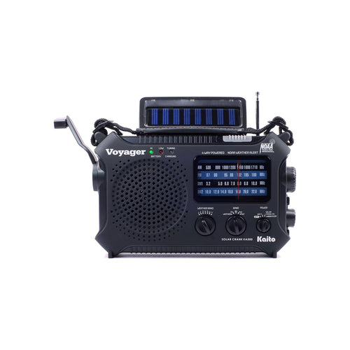 Black Voyager radio with solar panel on a white background
