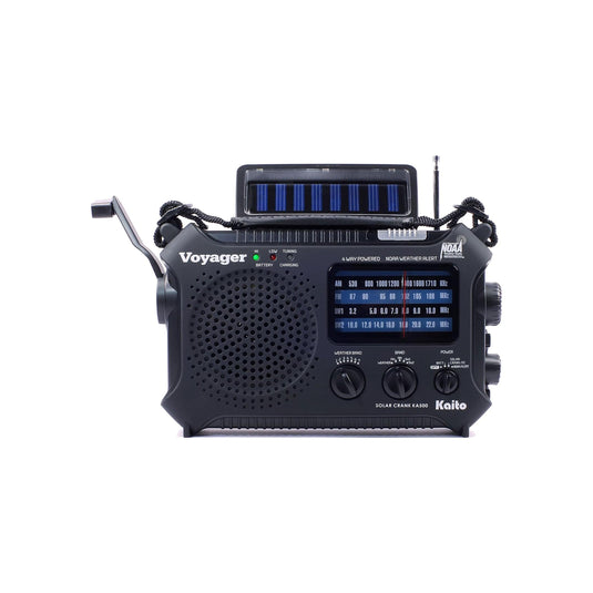 Black Voyager radio with solar panel on a white background