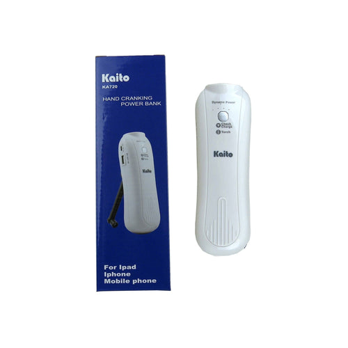 Kaito hand cranking power bank with packaging on a white background