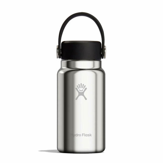 Stainless steel Hydro Flask water bottle with black lid on a white background