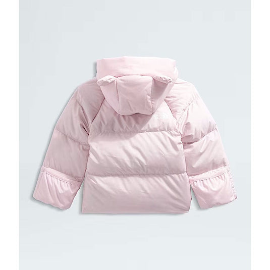 Pink puffer jacket on a light gray background
