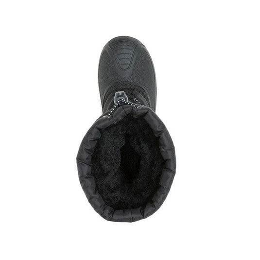 Black winter boot with fur lining on a white background