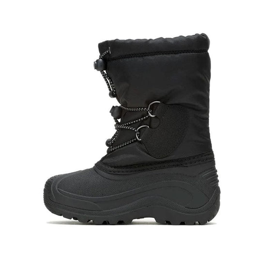 Black winter boot with multiple zippers on a white background