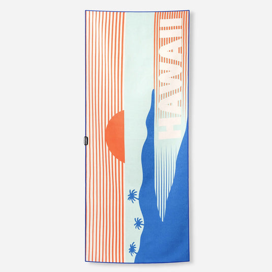 Towel with a tropical design featuring palm trees and a sun, on a white background.
