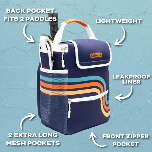 Navy blue cooler bag with colorful stripes on a light blue background, featuring text highlighting features.