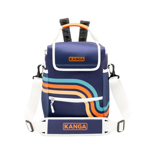 Navy backpack with colorful stripes and Kanga branding on a white background