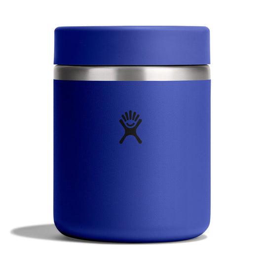 Blue thermos with silver base and black logo on a white background
