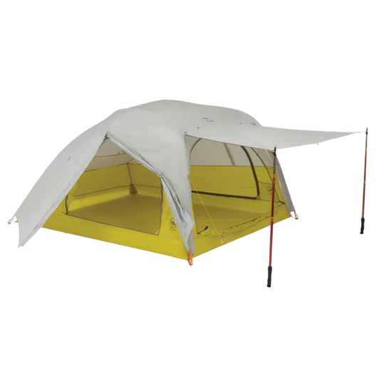 Camping tent with white top and yellow bottom on a white background