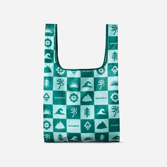 Reusable bag with green and blue pattern on a white background