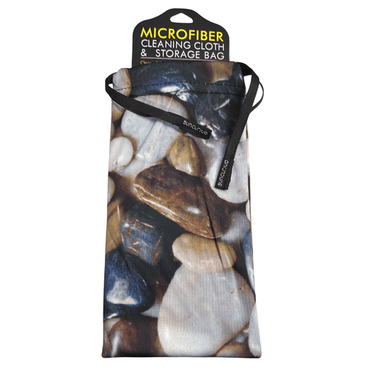 Packaged microfiber cleaning cloth with stones design on a white background