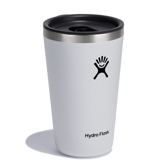 White Hydro Flask tumbler with black lid and logo on a white background