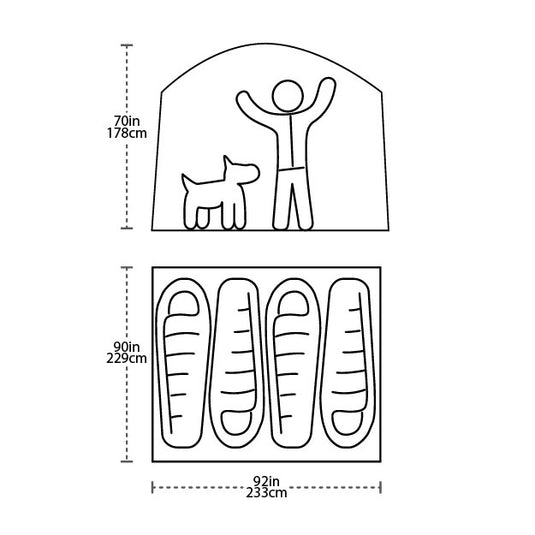 Diagram showing dimensions of a product with a person and dog illustration.