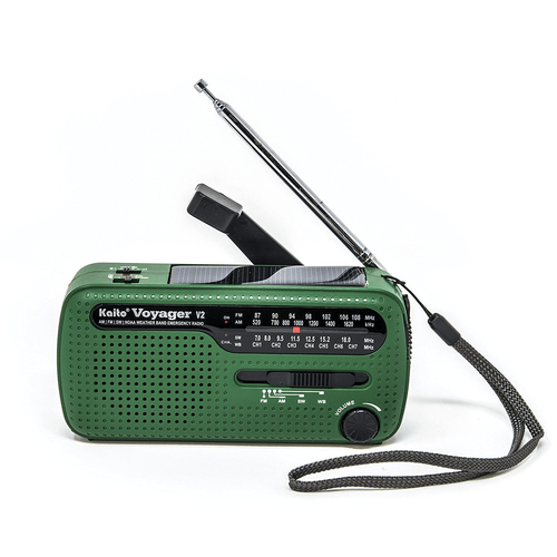 Green portable radio with antenna on a white background