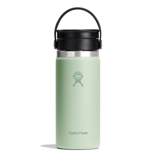 Green Hydro Flask water bottle with black lid on a white background