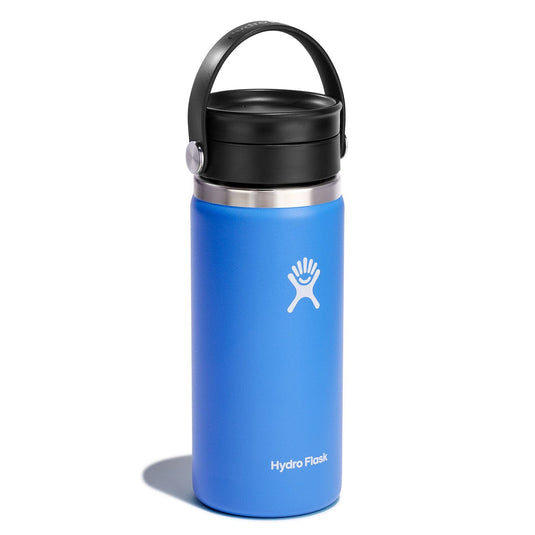 Blue Hydro Flask water bottle with black lid on a white background