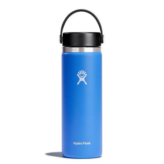 Blue Hydro Flask water bottle with black lid on a white background