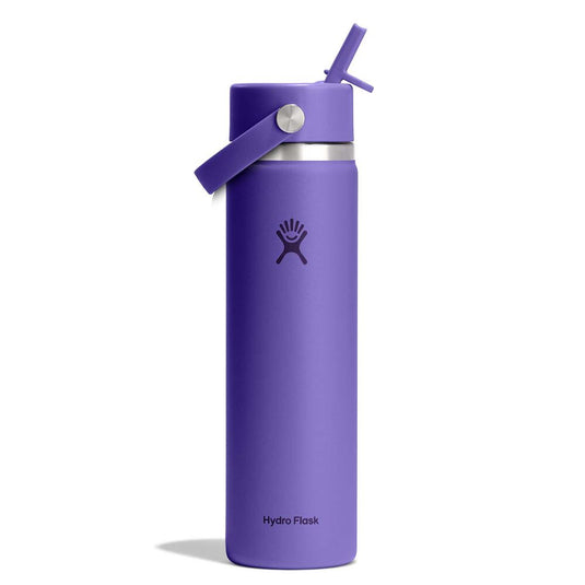 A purple Hydro Flask insulated water bottle with a matching purple straw lid and carrying loop, shown on a clean white background.