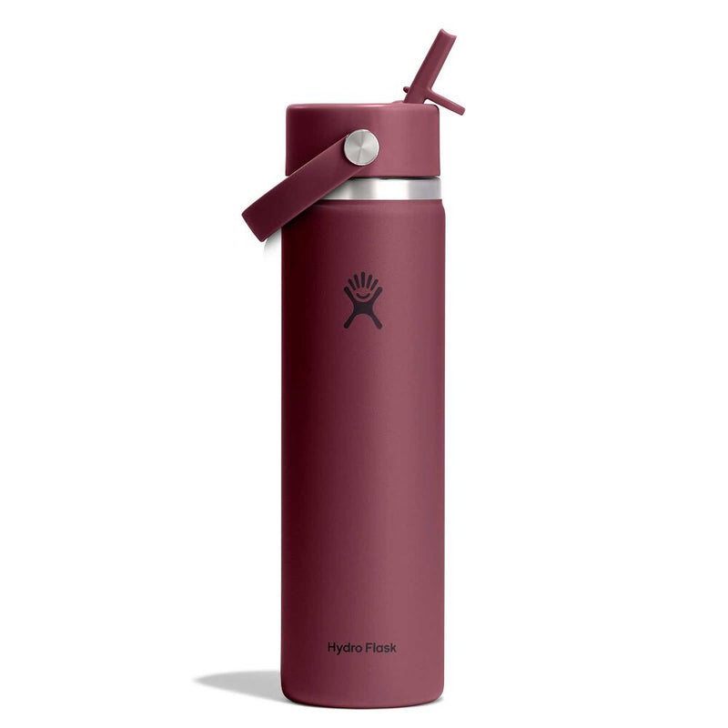 Load image into Gallery viewer, A Hydro Flask insulated water bottle in a matte burgundy color, featuring a matching burgundy flip-top lid with a carry loop and a silver metal band.

