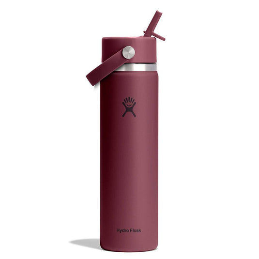 A Hydro Flask insulated water bottle in a matte burgundy color, featuring a matching burgundy flip-top lid with a carry loop and a silver metal band.