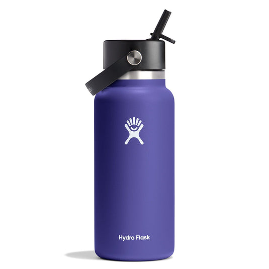 Purple Hydro Flask water bottle with black lid on a white background