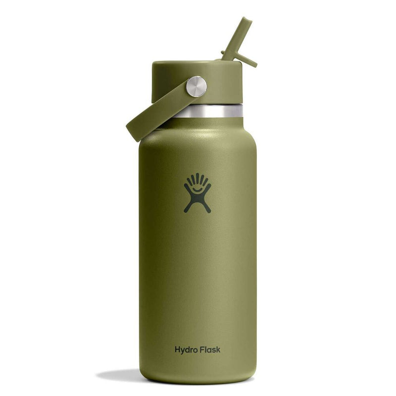 Load image into Gallery viewer, An olive green Hydro Flask insulated water bottle with a matching lid and carry loop, featuring the Hydro Flask logo and brand name on a clean white background.
