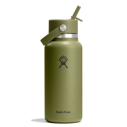 An olive green Hydro Flask insulated water bottle with a matching lid and carry loop, featuring the Hydro Flask logo and brand name on a clean white background.