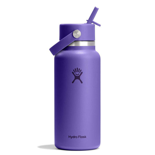 A purple Hydro Flask insulated water bottle with a matching purple lid and carrying loop, featuring the Hydro Flask logo and brand name on a clean white background.